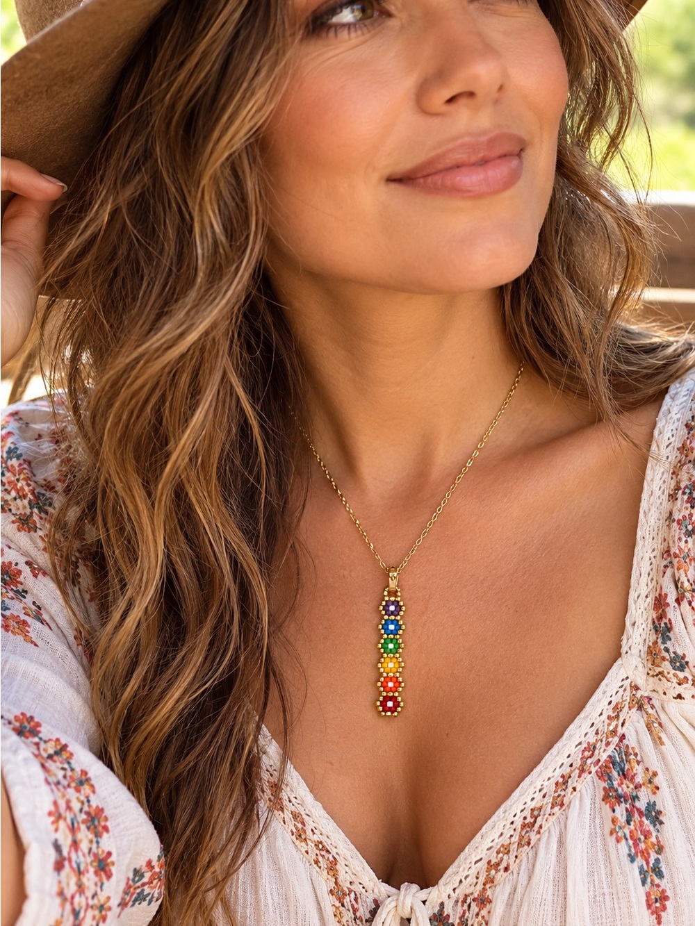 Hand Crafted Beaded Rainbow Chakra Pendant Necklace